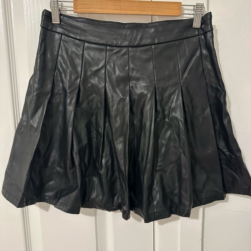 Black Faux Leather Pleated Skirt
